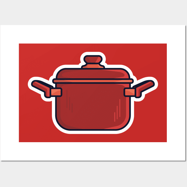 Kitchen Cooking Pot Sticker design vector illustration. Kitchen appliance element icon concept. Steel kitchen saucepan sticker design logo with shadow. Pan with lid for dishes, kitchen, home cooking. Wall Art by AlviStudio